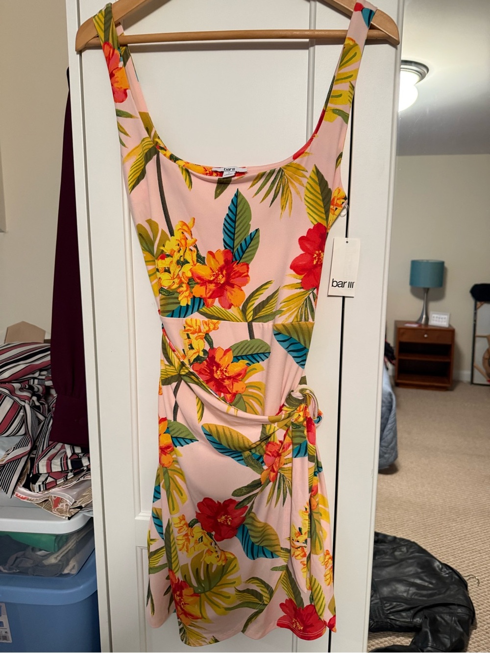 Bar III Pink Tropical Floral Scoop Dress Size L